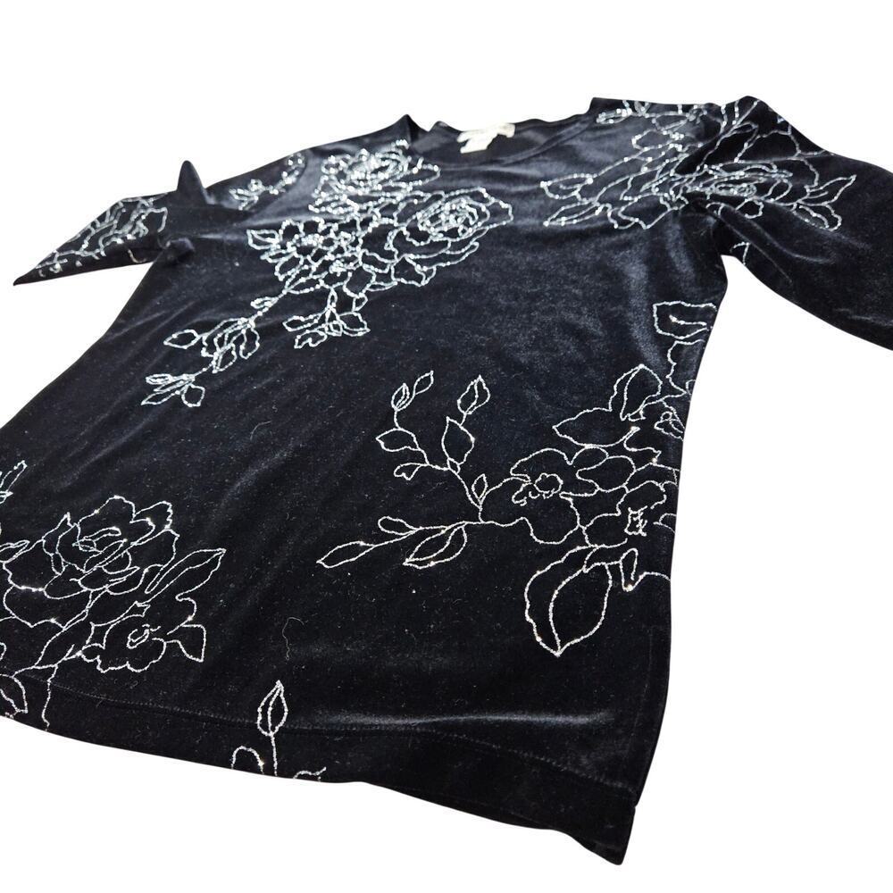 90s Style Black Velvet Floral Silver Top Allover Print Long Sleeve Small Stretch - Picture 4 of 5